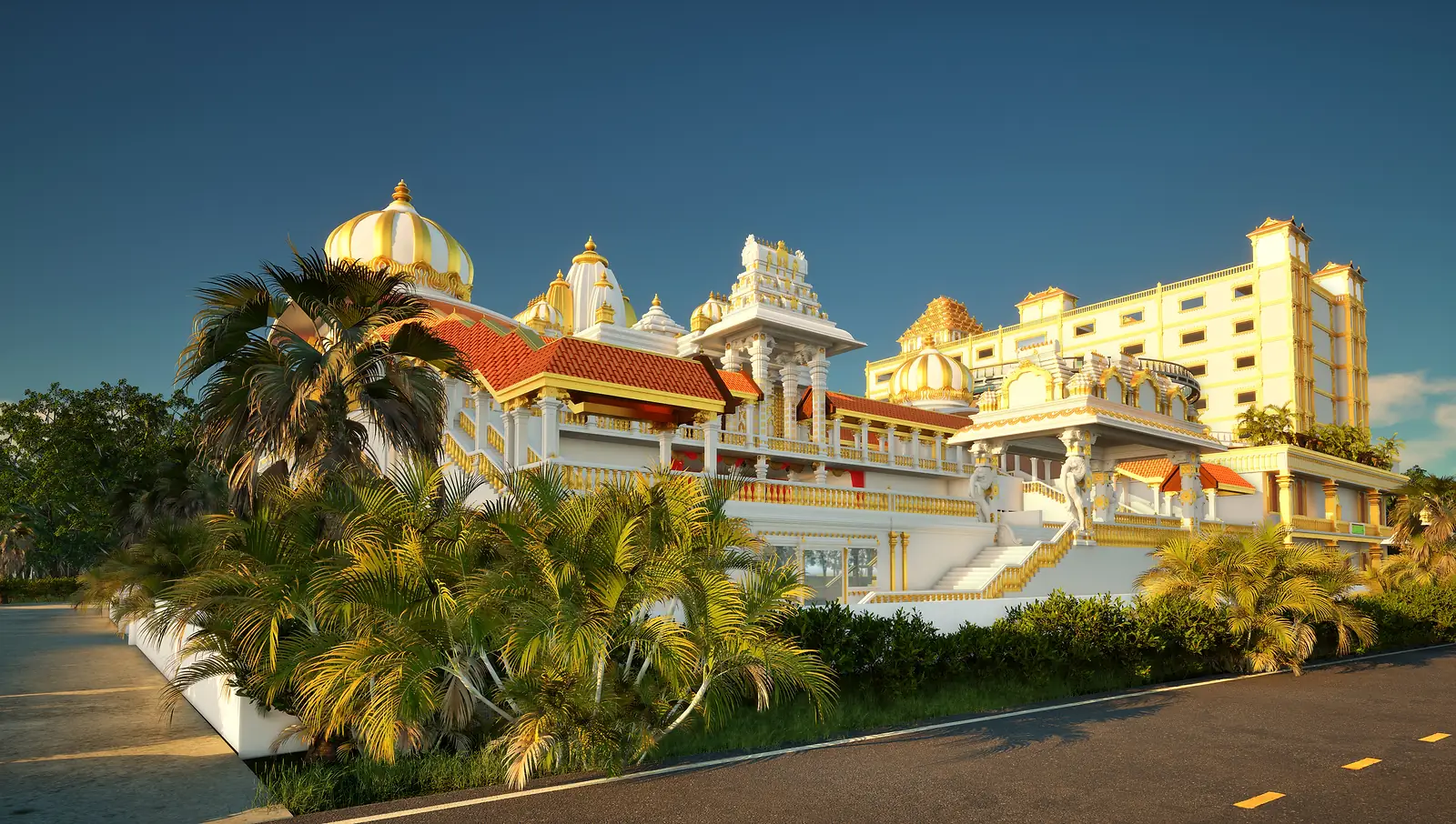 The temple from the approach road — the new temple at the Vedic Cultural Centre, Nallagandla