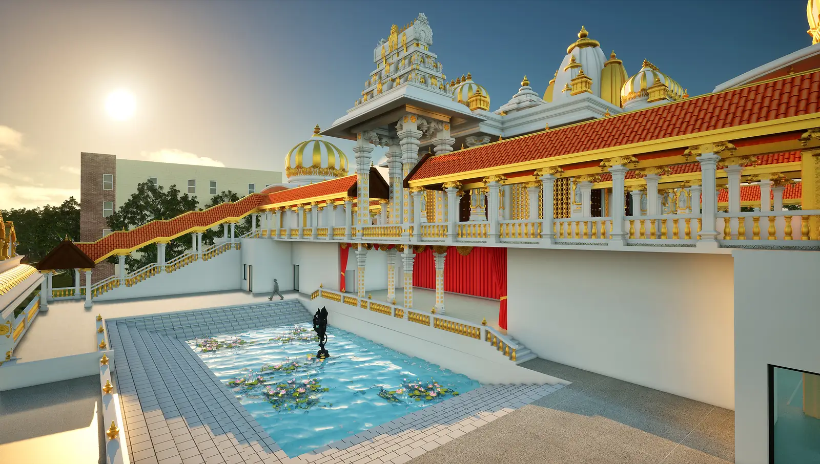 The lotus pond — the new temple at the Vedic Cultural Centre, Nallagandla